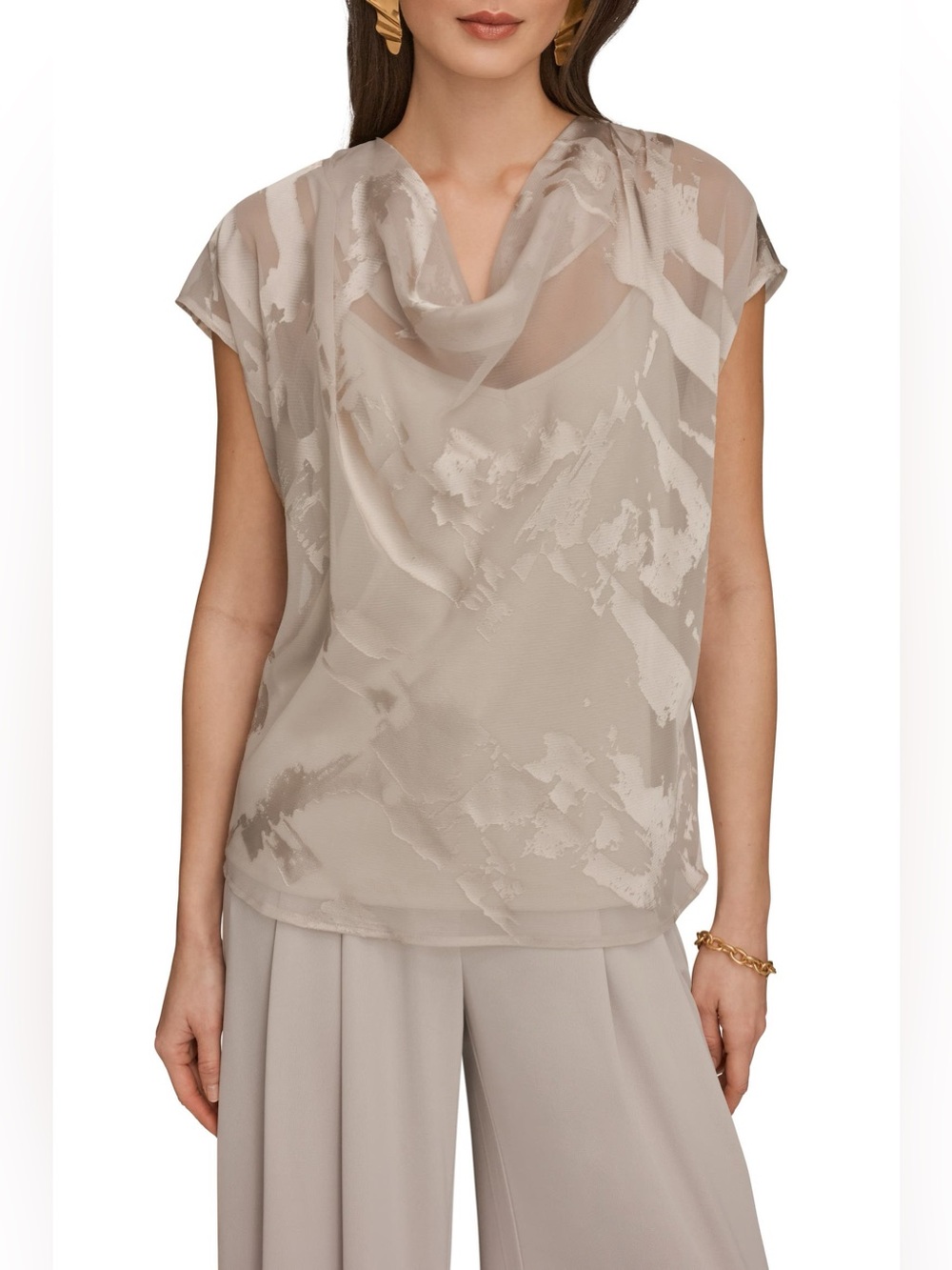 Donna Karan Sheer Draped Cowl Neck Blouse in Champagne Beige